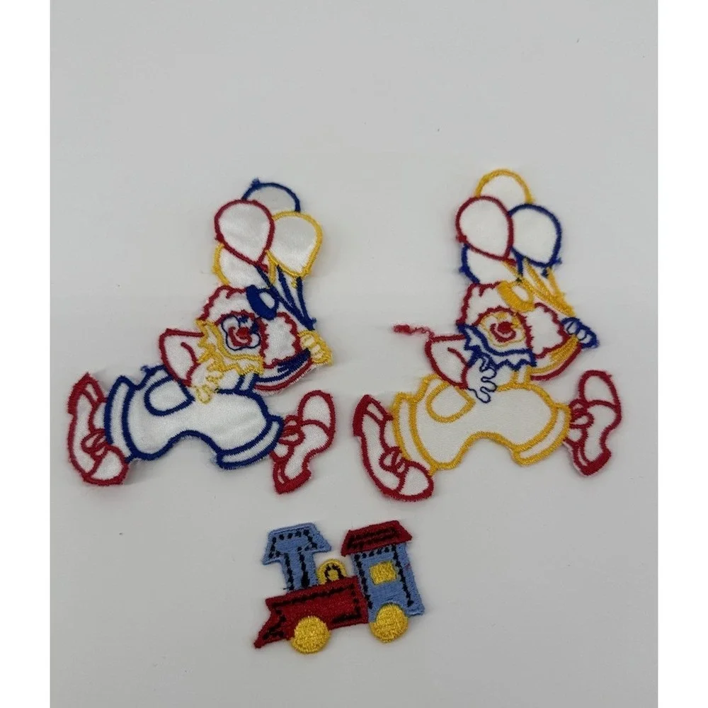 Vintage Clown & Train Embroidered Applique Patch Lot Carnival Circus Kids Craft
